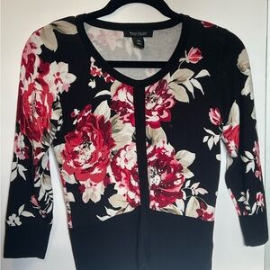 White House Black Market Floral Cardigan in Black and Red
